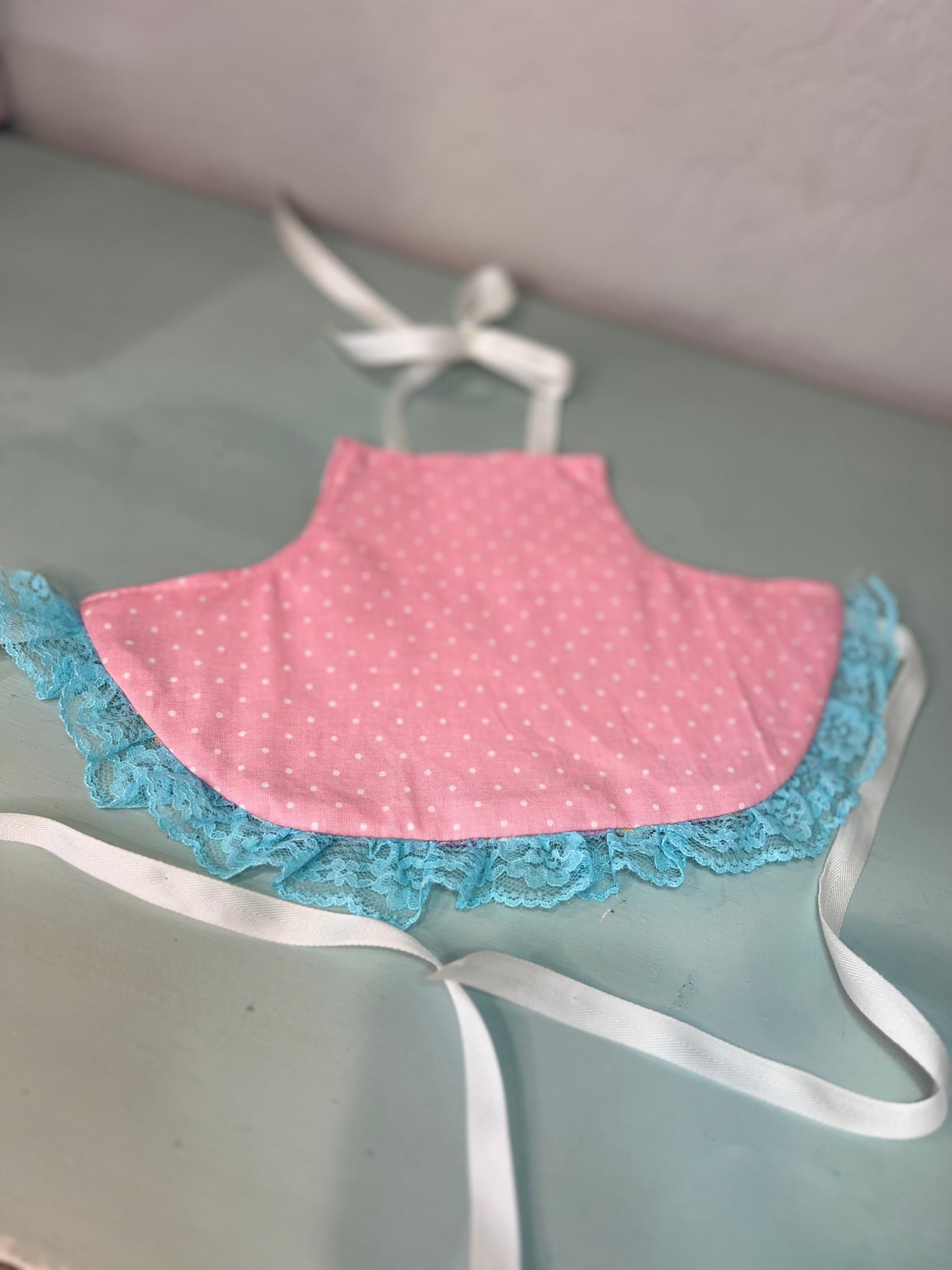 Reversible American Girl Doll Apron with Lace Ruffle – Handmade