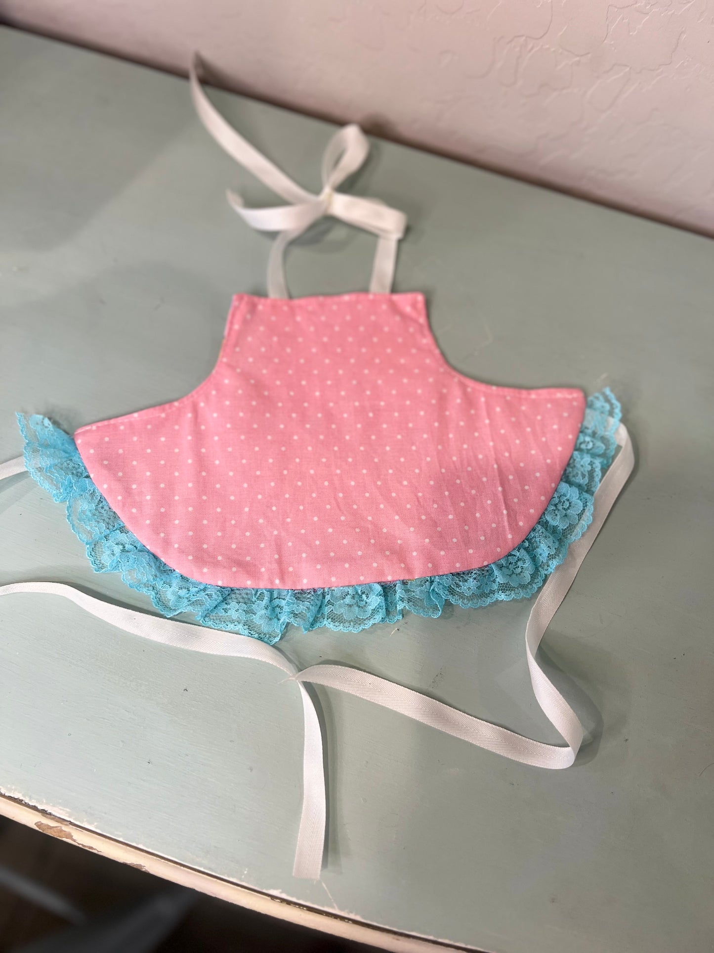 Reversible American Girl Doll Apron with Lace Ruffle – Handmade